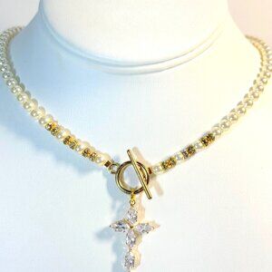 Swarovski 4mm Pearls Necklace with gold plated cross , Handmade in the USA